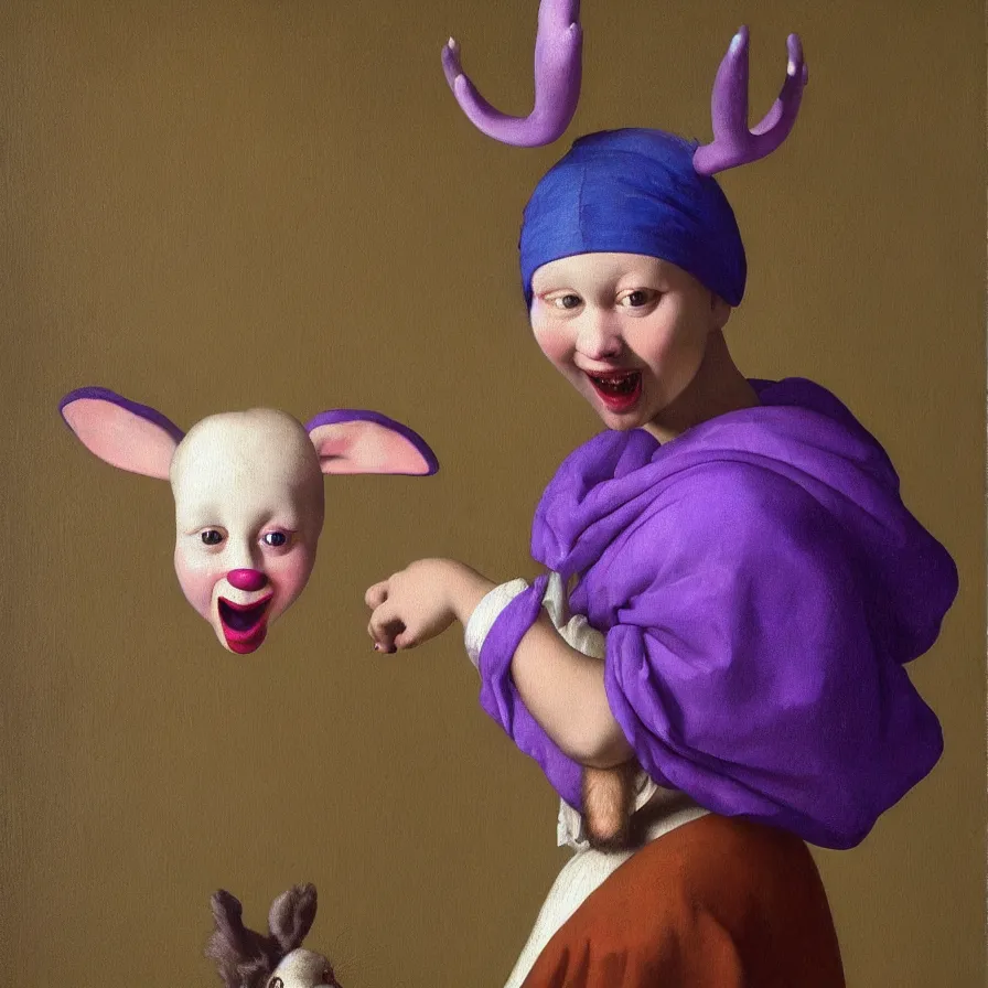 Prompt: rare hyper realistic portrait painting by vermeer, studio lighting, brightly lit purple room, a blue rubber ducky with antlers laughing at a giant crying rabbit with a clown mask
