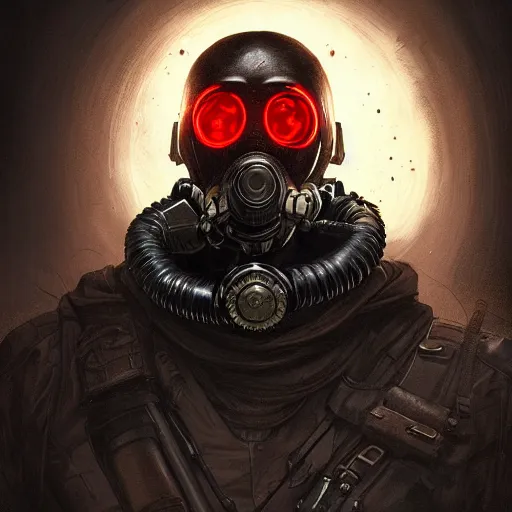 Prompt: commission of a man wearing a black helmet and a black gas mask,red glowing eyes,digital art,crazy detail,hyperdetailed,hyperrealistic,photorealistic,art by greg rutkowski,trevor henderson,artstation,deviantart,eerie,western comic style,comic,sharp lineart,breathing fire