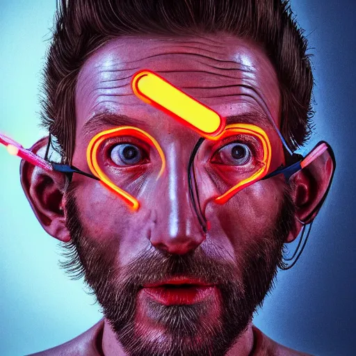 Image similar to Colour Caravaggio Bosch style Photography of Man with reflecting glowing skin with highly detailed 1000 years old face with reflecting glowing skin wearing highly detailed sci-fi VR headset designed by Josan Gonzalez. Many details . In style of Josan Gonzalez and Mike Winkelmann and andgreg rutkowski and alphonse muchaand and Caspar David Friedrich and Stephen Hickman and James Gurney and Hiromasa Ogura. Rendered in Blender and Octane Render volumetric natural light