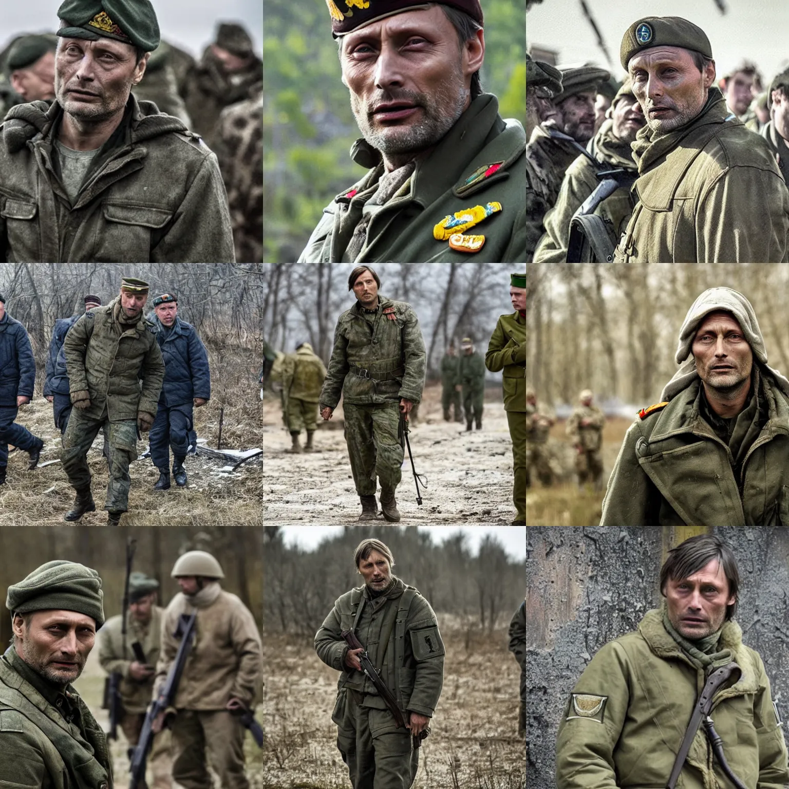 Prompt: Mads Mikkelsen in Ukrainian Azov Battalion at war