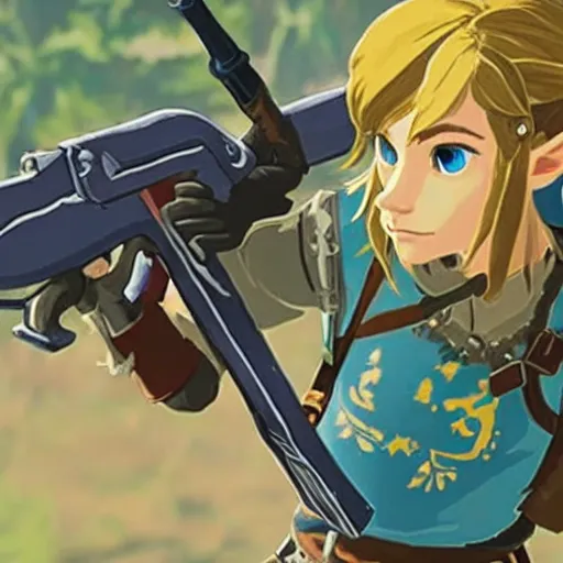 Image similar to zelda from breath of the wild holding a gun