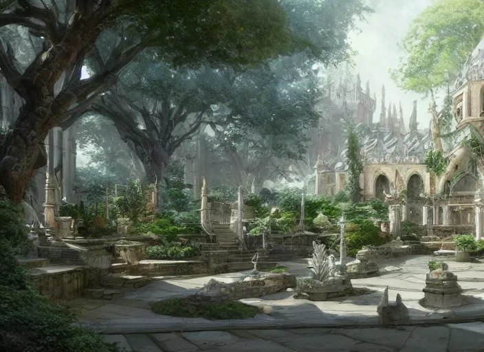Image similar to A wide open courtyard in a beautiful elven city made of white marble, anime, lush trees, fountain, a fantasy digital painting by Greg Rutkowski and James Gurney, trending on Artstation, highly detailed