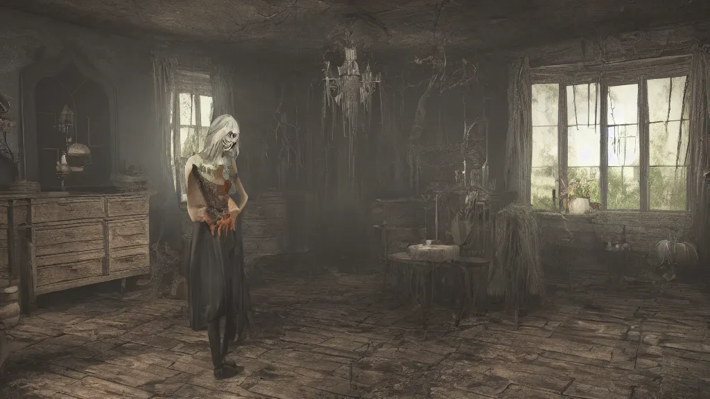 Image similar to A scary witch in the shadows of a dark decrepit cottage, highly detailed interior, hyperrealistic, Lumion 8k UHD