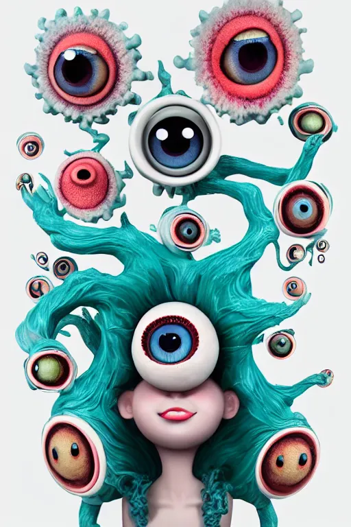 Image similar to 3 d full head and shoulders beautiful white porcelain woman with colourful big eyeballs all through her hair, ornate detailed hair, 3 d swirling hair by theodor seuss geisel and daniel arsham and xiang duan, simon stalenhag john waters, dr seuss kim jung gi, on a white background