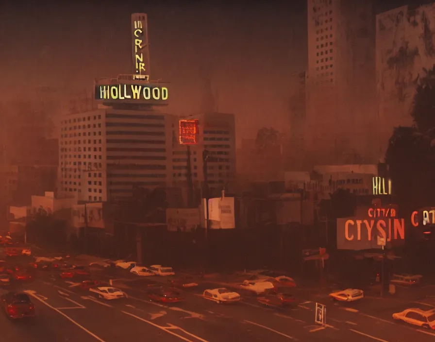 Prompt: The city of Hollywood, horror, surreal, directed by David Lynch, highly detailed, cinematic, film shot, 8k