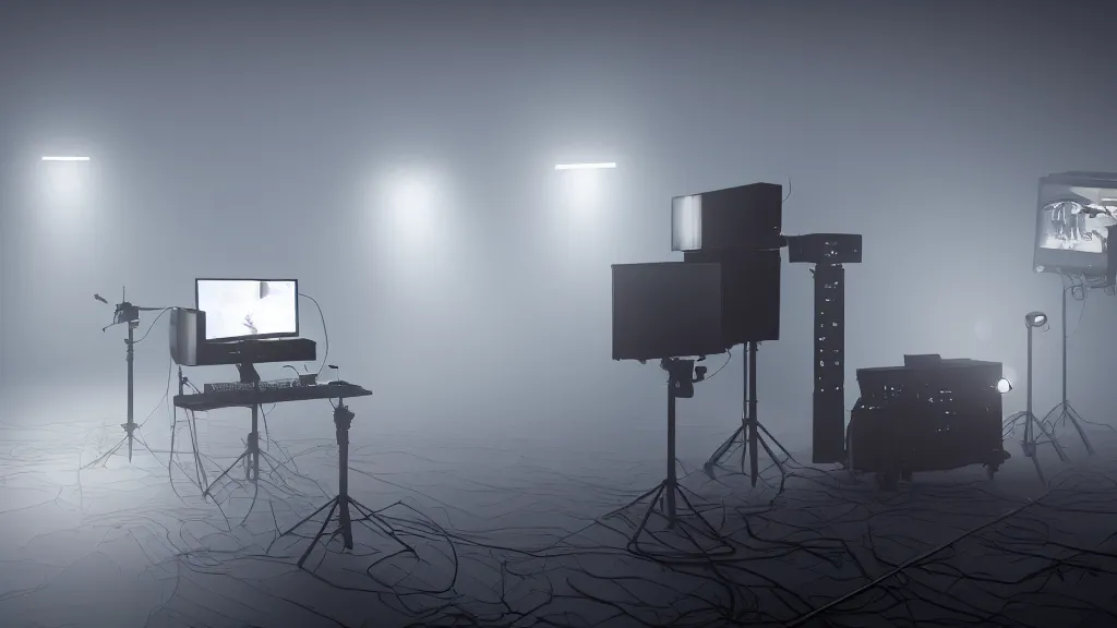Image similar to a synthesizer, white balance, 8 k, rim lighting, led, lumen global illumination, glowing, glow - in - the - dark, fog, ray tracing reflections