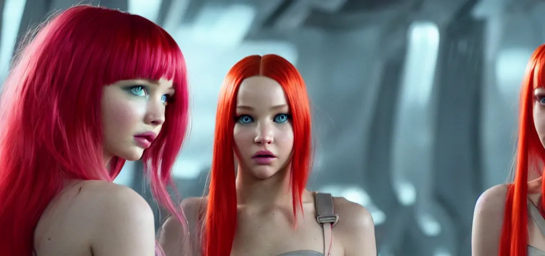 Image similar to a young woman who is a mix of dove cameron and madison beer and milla jovovich and jennifer lawrence stars as leeloo in the 2 0 2 4 remake of the 5 th element, cinematic still, promotional photo, 8 k hdr, dramatic pose