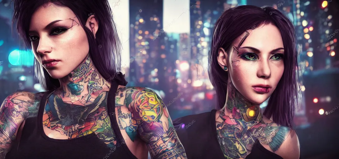 Image similar to a beautiful cyberpunk chick with tattoos photorealism bokeh
