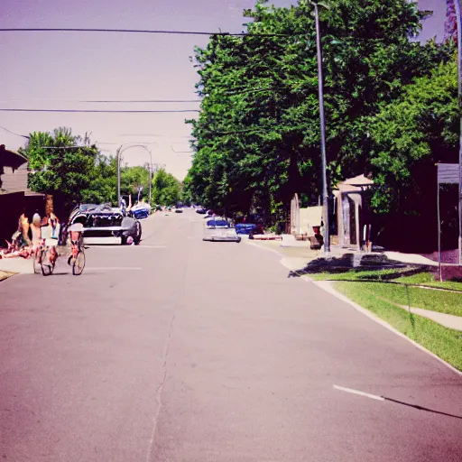 Prompt: a photograph of a suburban street during summer, trending on tumblr, 2 0 0 6, taken with a disposable camera