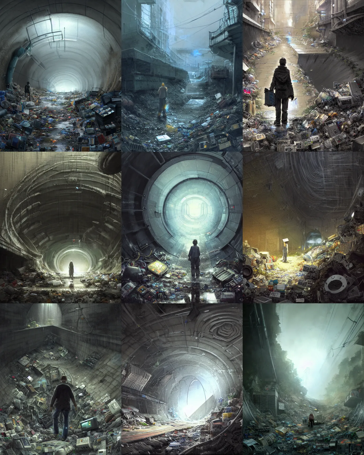 Prompt: craig mullins and ghibli detailed digital illustration of someone in a very large underground storm sewer, a massive mountain of electronics as trash in the underground storm sewer, cinematic shot, very detailed, maximalism, unreal engine, hyper realism, realistic shading, cinematic composition, blender render, octane render, hdr, detailed textures, photorealistic, very wide shot, 1 6 mm lens