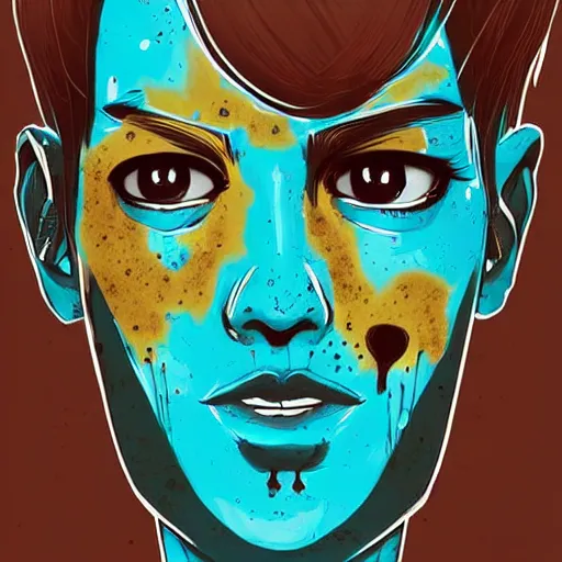 Image similar to Highly detailed portrait of a punk zombie latino young lady with freckles by Atey Ghailan, by Loish, by Bryan Lee O'Malley, by Cliff Chiang, inspired by iZombie, inspired by graphic novel cover art !!!electric blue, brown, black, yellow and white color scheme ((grafitti tag brick wall background))