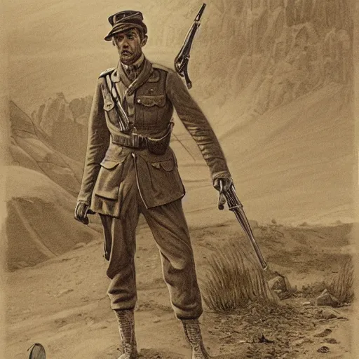 Image similar to a detailed photorealistic sepia - toned color line drawing of a 1 9 1 7 worried clean - shaven british lieutenant in detailed field gear not wearing a hat in wadi rum, ultra realistic, painted, intricate details, lovecraft, atmospheric, dark, horror, brooding, highly detailed, by clyde caldwell