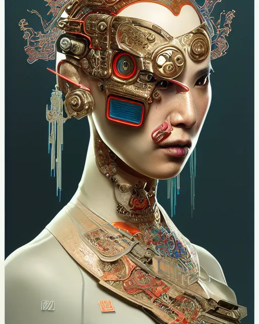 Image similar to portrait of a cyberpunk machine, machine face, upper half portrait, decorated with chinese opera motifs, asian, fine china, wuxia, traditional chinese art, intricate, elegant, highly detailed, symmetry, headpiece, digital painting, artstation concept art smooth sharp focus, illustration, art by artgerm and greg rutkowski alphonse mucha 8 k