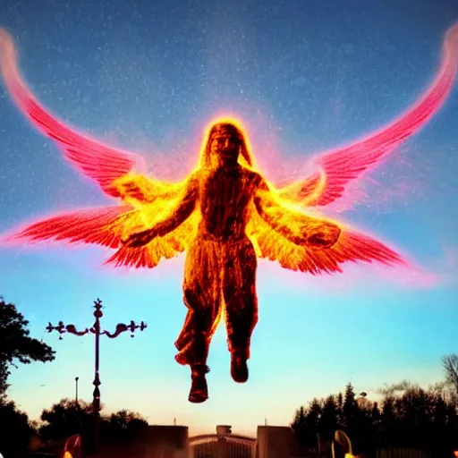 Image similar to photograph of a horrific, bright, shining holy angel descending upon a city park. the park is on fire