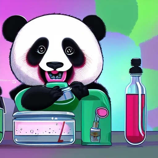 Prompt: panda mad scientist Mixing sparkling chemicals, artstation