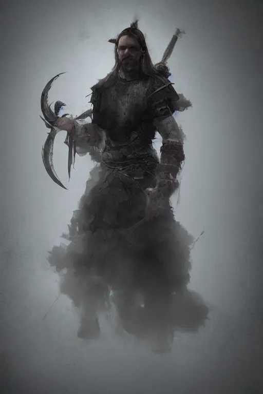 Image similar to hyper realistic | dim light | blurred background | dark fantasy | portrait | seasoned warrior | wlop