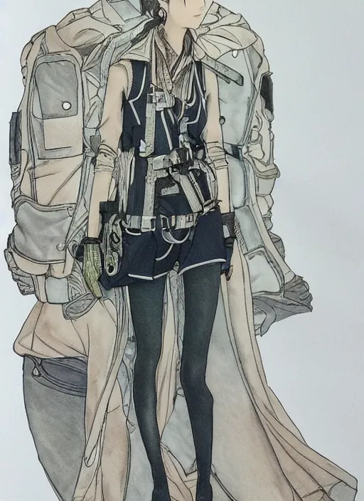 Prompt: a copic maker highly detailed manga fashion sketch by lena ker, yoshiyuki sadamoto and alphons mucha of a russian beautiful woman wearing a cargo anorak and leggins utility chic, sheer fabrics, zippers, belts & velcro galore, chic'techno fashion trend by issey miyake and balenciaga