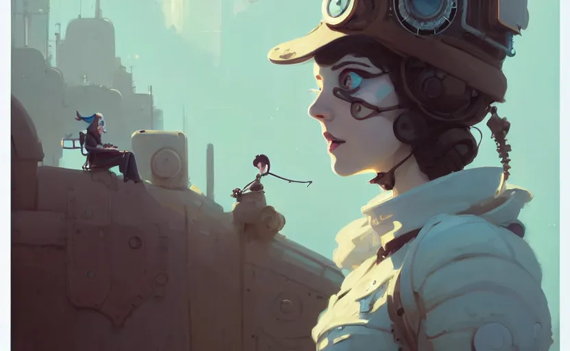 Image similar to portrait of female steampunk princess by atey ghailan, by greg rutkowski, by simon stalenhag, by greg tocchini, by james gilleard, by joe fenton, by kaethe butcher dynamic lighting, gradient light blue, brown, blonde cream and white color scheme, grunge aesthetic