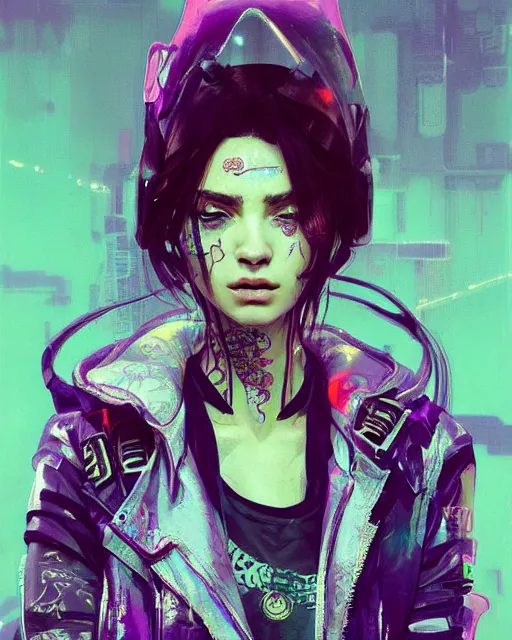 Image similar to detailed portrait Young Gangster Girl cyberpunk futuristic ((neon)) tattoes, styled hair Reflective thin sheen film jacket, decorated traditional ornaments by ismail inceoglu dragan bibin hans thoma greg rutkowski Alexandros Pyromallis Nekro Alphonse Mucha Zac Retz illustrated Perfect face, fine details, realistic shaded, fine-face, pretty face