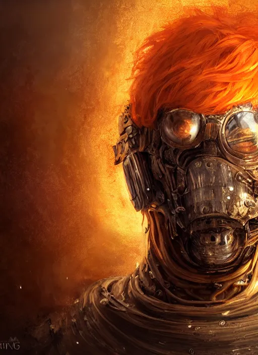 Image similar to biopunk portrait of curly orange hair man from dark souls, au naturel, hyper detailed, digital art, trending in artstation, cinematic lighting, studio quality, smooth render, unreal engine 5 rendered, octane rendered, art style by klimt and nixeu and ian sprigger and wlop and krenz cushart.