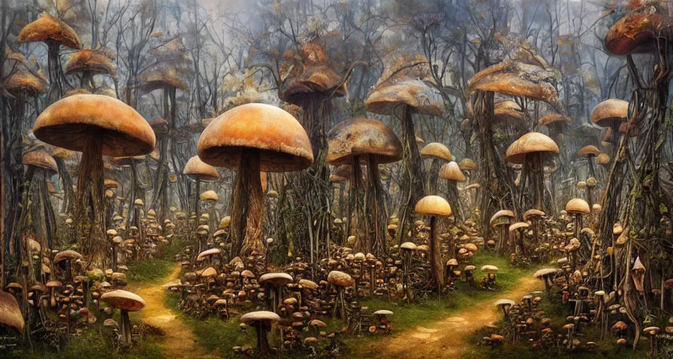 Prompt: A tribal village in a forest of giant mushrooms, by Karol Bak, by Gainax Co,