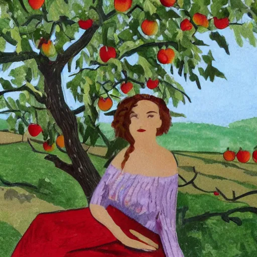 Prompt: in the style of iraklij toidze. beautiful young woman sitting under an apple tree. fine detail