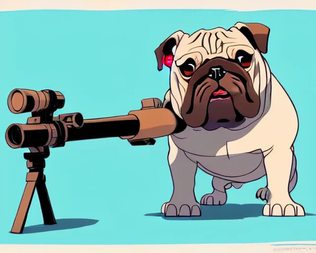 Prompt: a study of cell shaded cartoon of a bulldog puppy holding a bazooka, illustration, wide shot, subtle colors, post grunge, concept art by josan gonzales and wlop, by james jean, Victo ngai, David Rubín, Mike Mignola, Laurie Greasley, highly detailed, sharp focus, alien, Trending on Artstation, HQ, deviantart, art by artgem