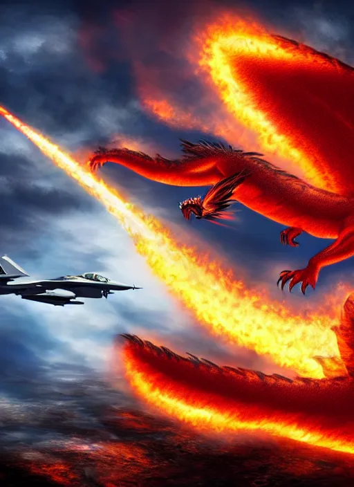 Prompt: a majestic firedragon creature fighting a fighter jet, 8 k, magic realism, beautiful composition