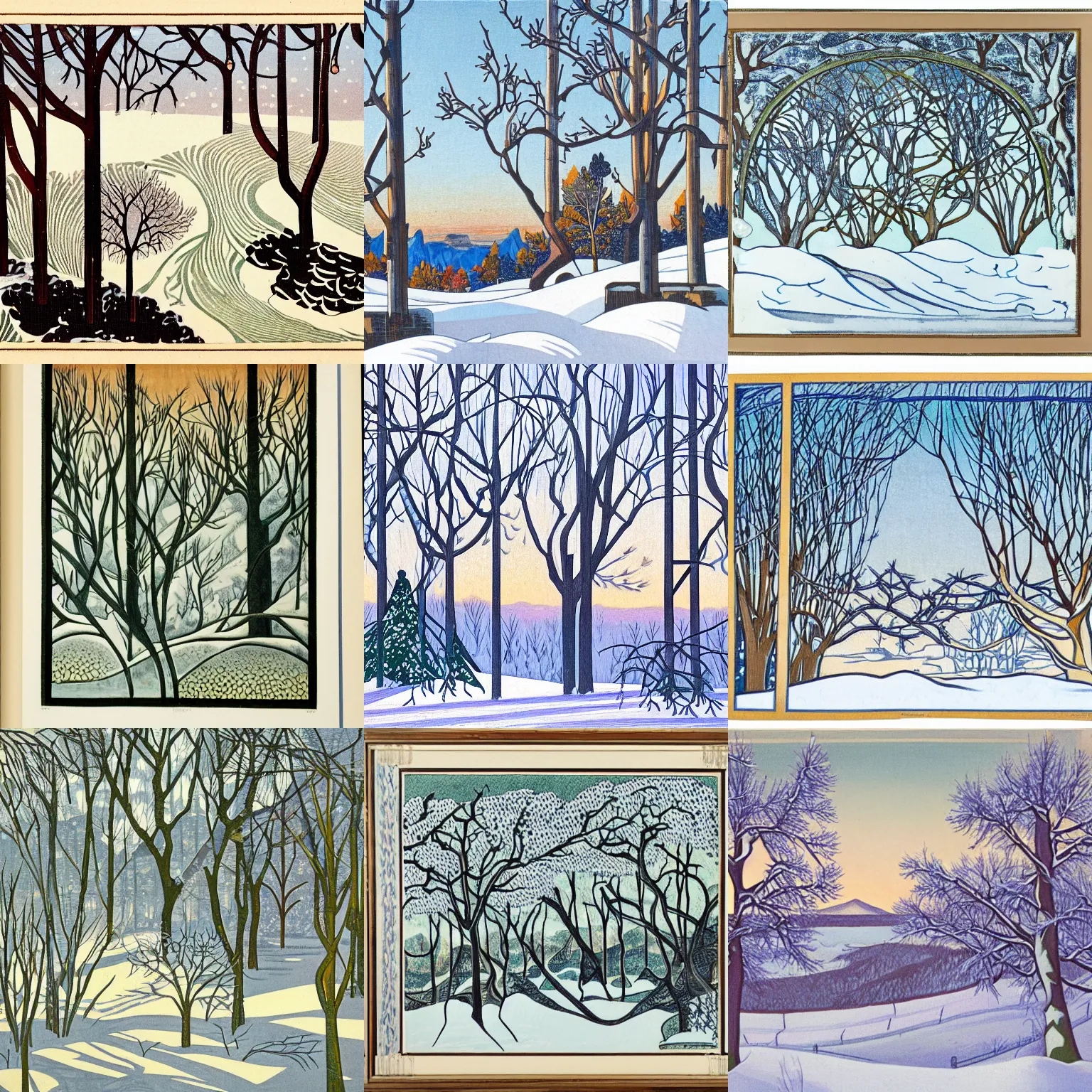 Prompt: a winter landscape with shrubs and trees on a clear day, in art nouveau style