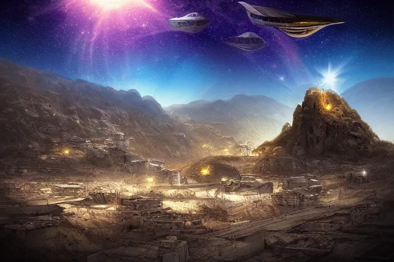 Prompt: favela spaceship cathedral bunker, desert environment, industrial factory, cliffs, peaks, bright, milky way, award winning art, epic dreamlike fantasy landscape, ultra realistic,