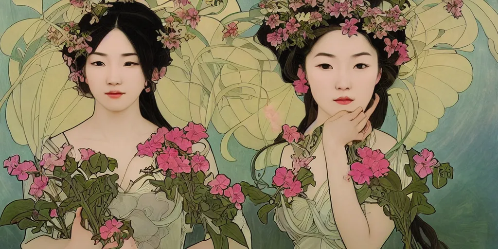 Prompt: a portrait of a very beautiful Asian young woman with giant flowers behind her head, in the style of WLOP and Alphonse Mucha and Ross Tran, with a drone flying in the air, realistic, seductive, closeup, facing the camera, dramatic lighting