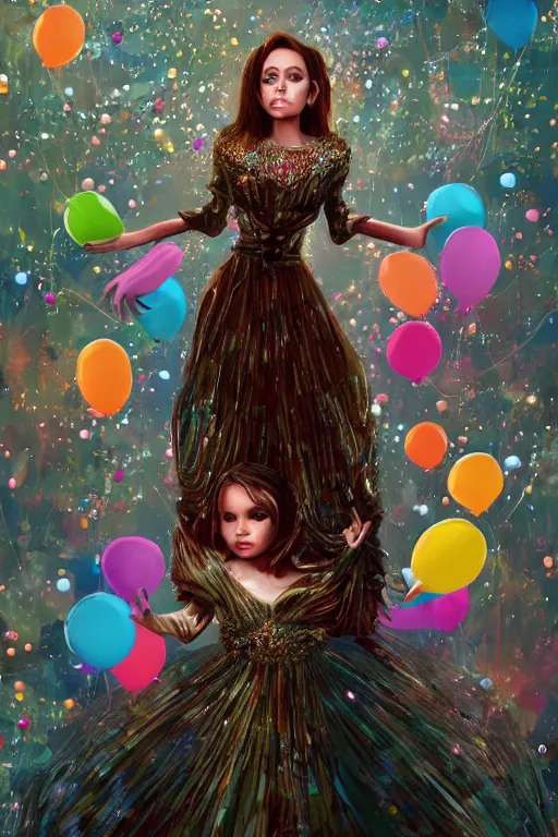 Image similar to young angelina jolie as an balloon woman dressed in intricate balloon clothing surrounded by tiny balloons, fantasy, wlop, trending on artstation, deviantart, anime key visual, official media, professional art, 8 k uhd