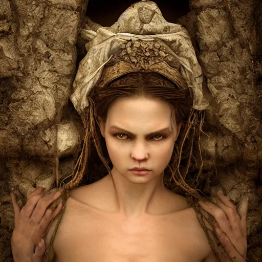 Prompt: portrait of a beautiful enchanted pagan female, depth of field, zeiss lens, detailed, symmetrical, centered, by annie leibovitz and steve mccurry, david lazar, jimmy nelsson, breathtaking, 8 k resolution, extremely detailed, beautiful, establishing shot, artistic, hyperrealistic, beautiful face, octane render