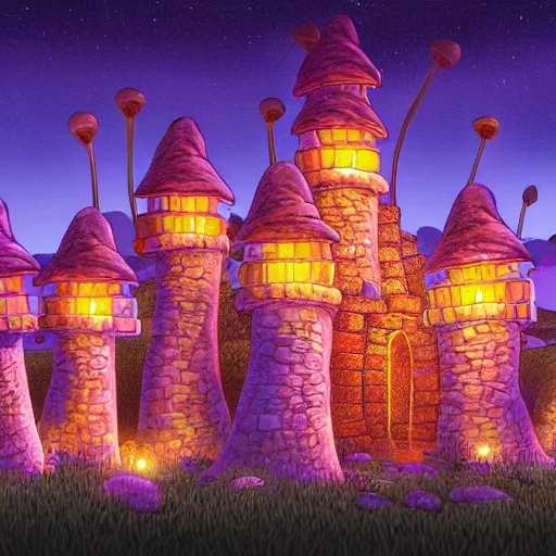 Prompt: highly detailed illustration of a mushroom castle at night ultra realistic, 4 k resolution
