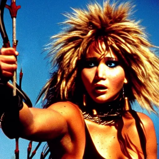 Prompt: jennifer lawrence as tina turner from mad max beyond thunderdome, movie still editorial photography