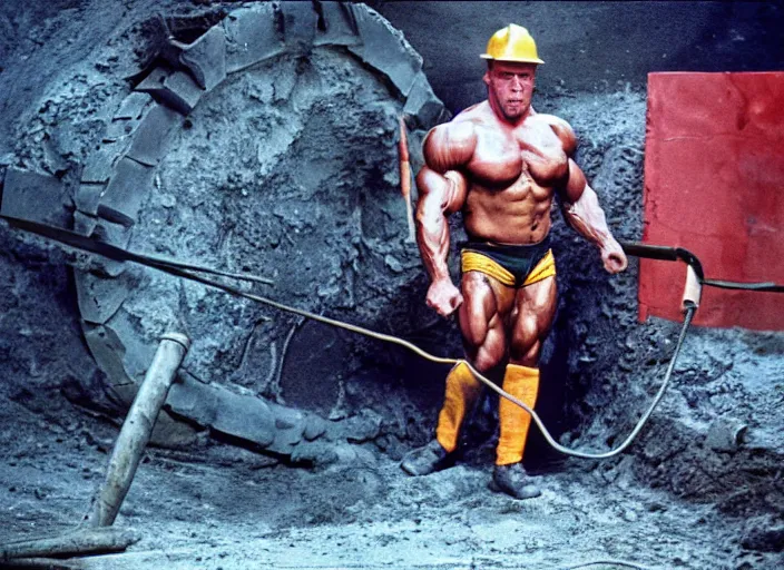 Prompt: 90's professional color photograph, A Muscular Arnold Schwarzenegger laboring in a mine.