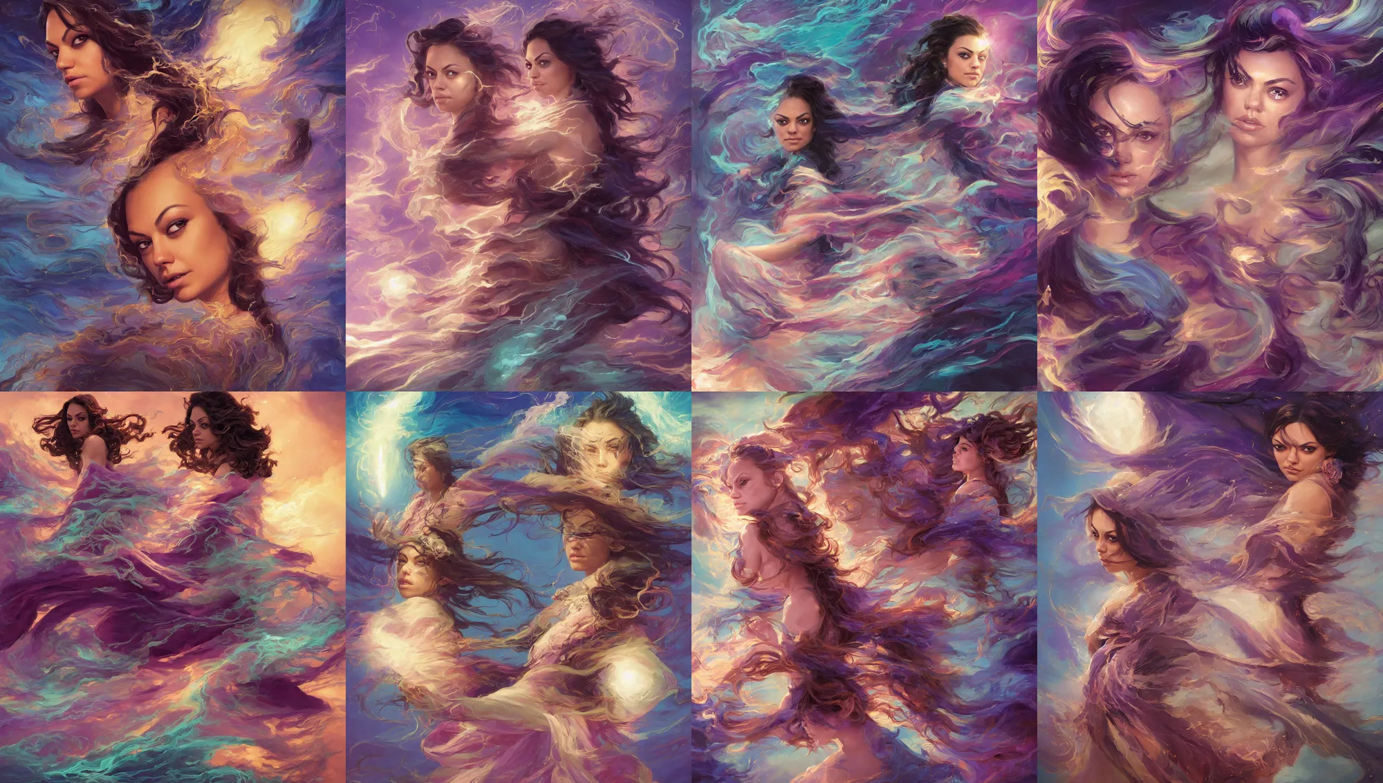 Prompt: close portrait mila kunis, wind sorcerer, intricate robes, gloomhaven, luminescent, colorful swirly magic ripples, pastel colors, by greg manchess, huang guangjian, gil elvgren, sachin teng, greg rutkowski, jesper ejsing, ilya kuvshinov, focal length : 2 0 0. 0 mm