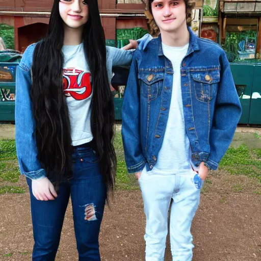 Prompt: 19-year-old girl, long shaggy black hair, wearing denim jacket and jeans, standing next to 18-year-old boy wearing backwards baseball cap and baggy jeans