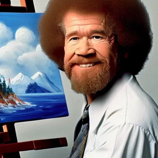 Prompt: bob ross in his office in front of an easel, painting a portrait of mario
