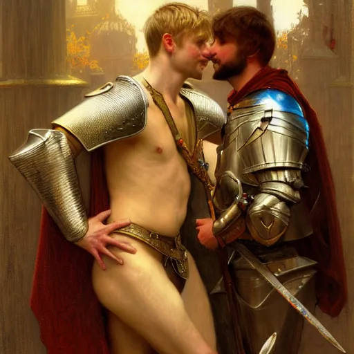 Image similar to attractive arthur pendragon and his attractive male knight, they are in love, natural lighting, path traced, highly detailed, high quality, digital painting, by gaston bussiere, craig mullins, alphonse mucha j. c. leyendecker