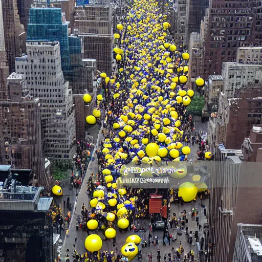 Image similar to news photo of giant minion parade floats in the sky in new york city, detailed 4 k photo