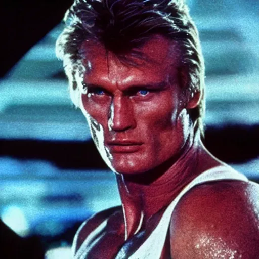 Image similar to movie still, 1 9 8 0 s, dolph lundgren as alien hunter, hyperdetailed, by ridley scott, john carpenter and vittorio storaro, blue leds