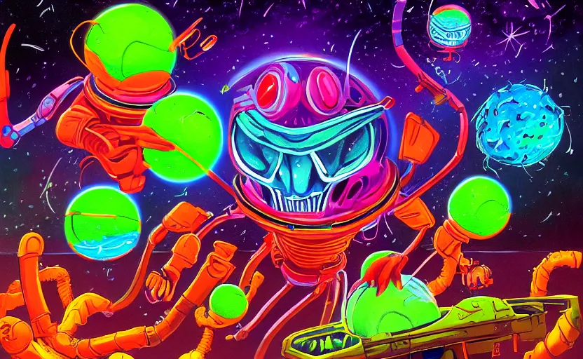 Image similar to alien tennis ball monsters in space, colorful neon, digital art, fantasy, magic, chalk, trending on artstation, ultra detailed, professional illustration by basil gogos