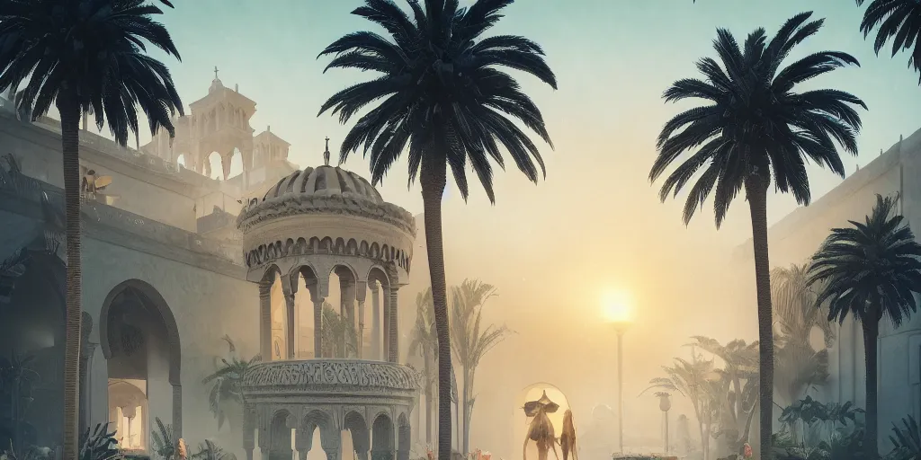 Prompt: beautiful bath house surrounded by palm trees, moroccan tile archways,, ivory towers, sun setting, ross tran, nephilim, pyroclastic flow, ethereal, fantasy, james jean, oozium, peter morbacher, angelarium, alchemy, luxury, heavenly light, soft illumination, trending on artstation, cinematic lighting, digital painting, octane render, artgerm