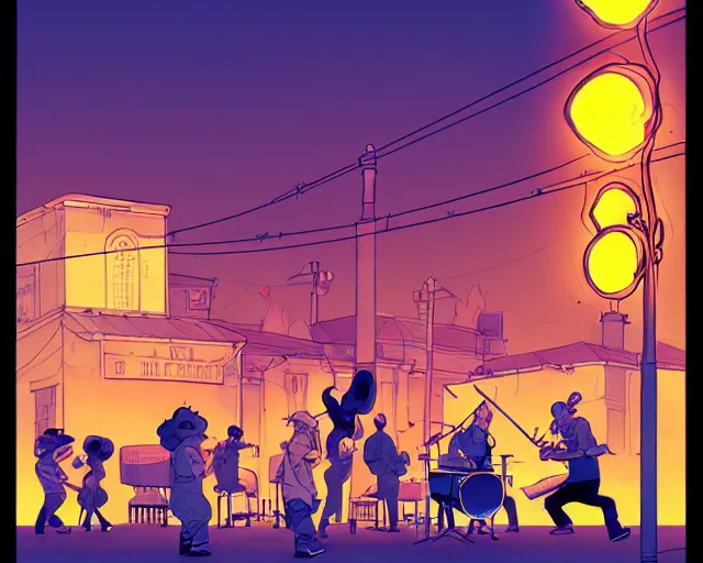 Image similar to a study of cell shaded cartoon of the concert of a music band playing music, street lamps, road, illustration, wide shot, subtle colors, post grunge, concept art by josan gonzales and wlop, by james jean, Victo ngai, David Rubín, Mike Mignola, Laurie Greasley, highly detailed, sharp focus, Trending on Artstation, HQ, deviantart, art by artgem