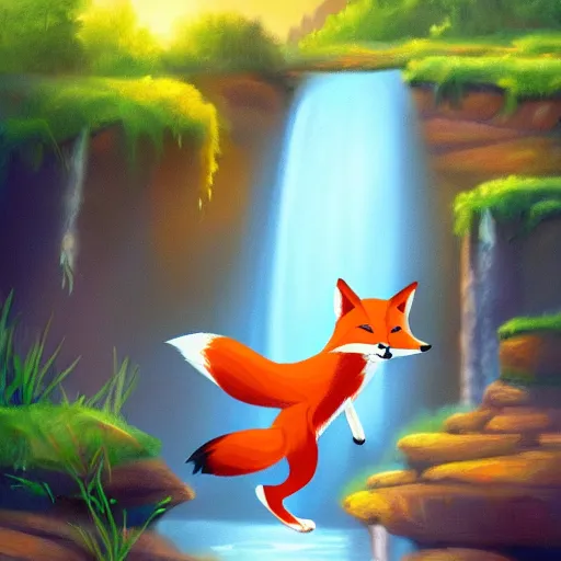 Image similar to A happy fox is jumping into a waterfall (storybook illustration for children, trending on Artstation)