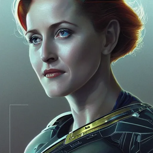 Image similar to young Gillian Anderson as a ruggedly beautiful retro SCI-FI space heroine 1985 , intricate, elegant, highly detailed, centered, digital painting, artstation, concept art, smooth, sharp focus, illustration, art by artgerm and donato giancola and Joseph Christian Leyendecker, Ross Tran, WLOP