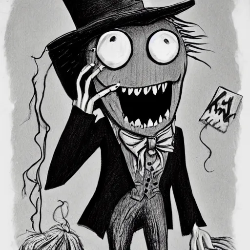 Image similar to a Pop Wonder scary horror themed goofy-hilarious-character Babadook-scarecrow-madhatter-williewonka-wearing a scarf, 3-piece-suit, dime-store-comic drawn with charcoal and pen and ink, half-tone-line-stacking