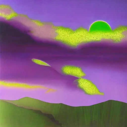 Prompt: a piece of purple sky with a green sun falls to the ground and breaks into fragments, metallic bridge, futurism, schizophrenia, hyperrealistic fall