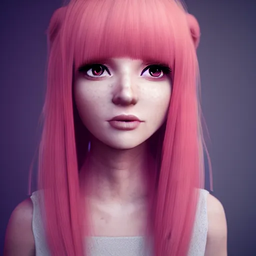 Image similar to A portrait of Nikki from Shining Nikki, a cute 3d cgi toon young woman with long pink hair, full bangs, hazel amber eyes, full face, light makeup, pale skin, Chinese, medium shot, mid-shot, soft focus, 4k, trending on artstation